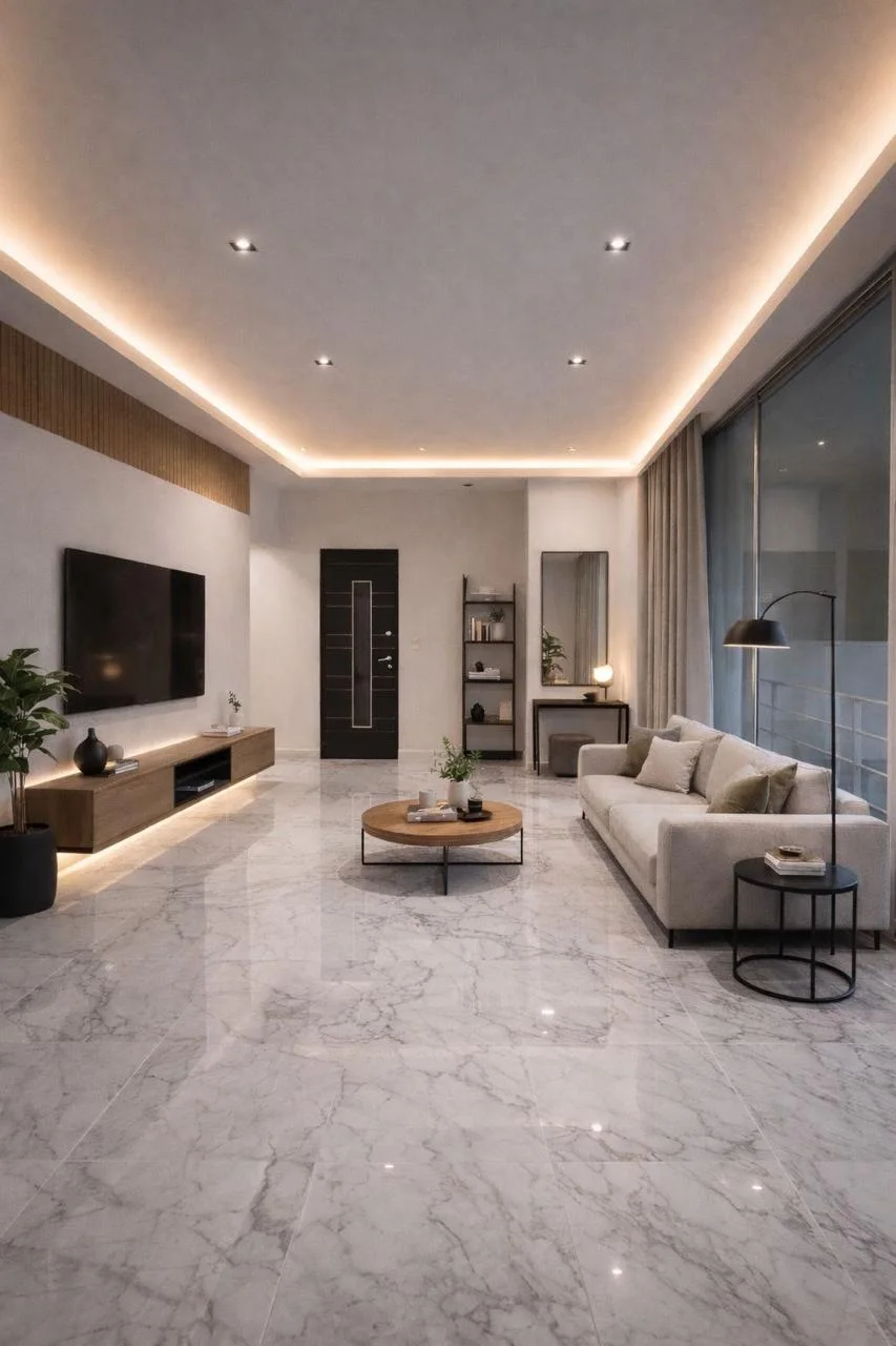 Render de sala con iluminación indirecta y mobiliario